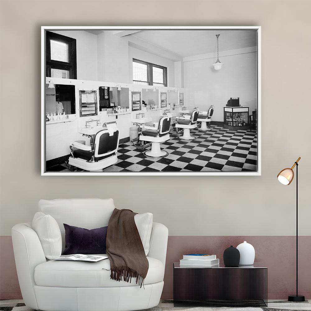 Barbershop & Hair Salon Black and White Art Retro Photography, Floating Framed Canvas Print