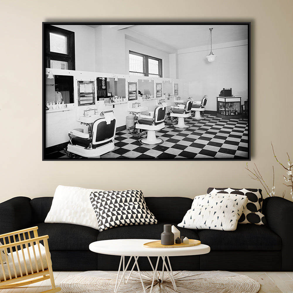 Barbershop & Hair Salon Black and White Art Retro Photography, Floating Framed Canvas Print
