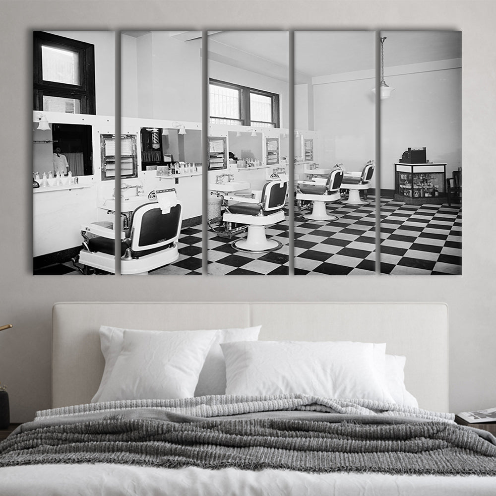Barbershop & Hair Salon Black and White Art Retro Photography, 5 Pieces Large Canvas Print