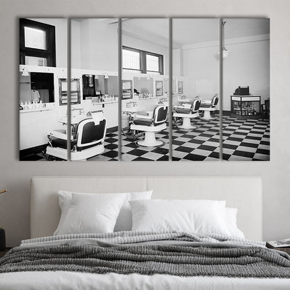 Barbershop & Hair Salon Black and White Art Retro Photography, 5 Pieces Large Canvas Print