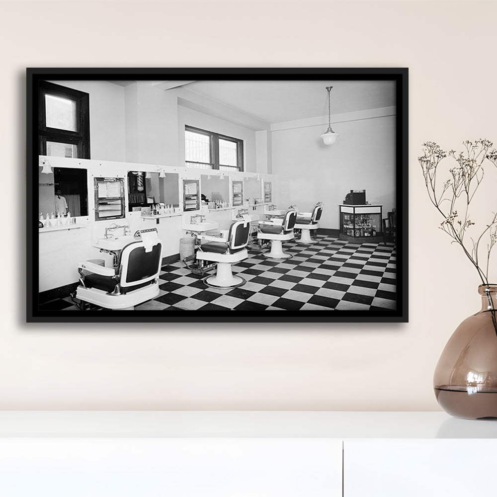 Barbershop & Hair Salon Black and White Art Retro Photography, Floating Framed Canvas Print