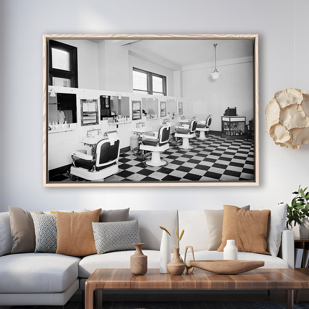 Barbershop & Hair Salon Black and White Art Retro Photography, Floating Framed Canvas Print