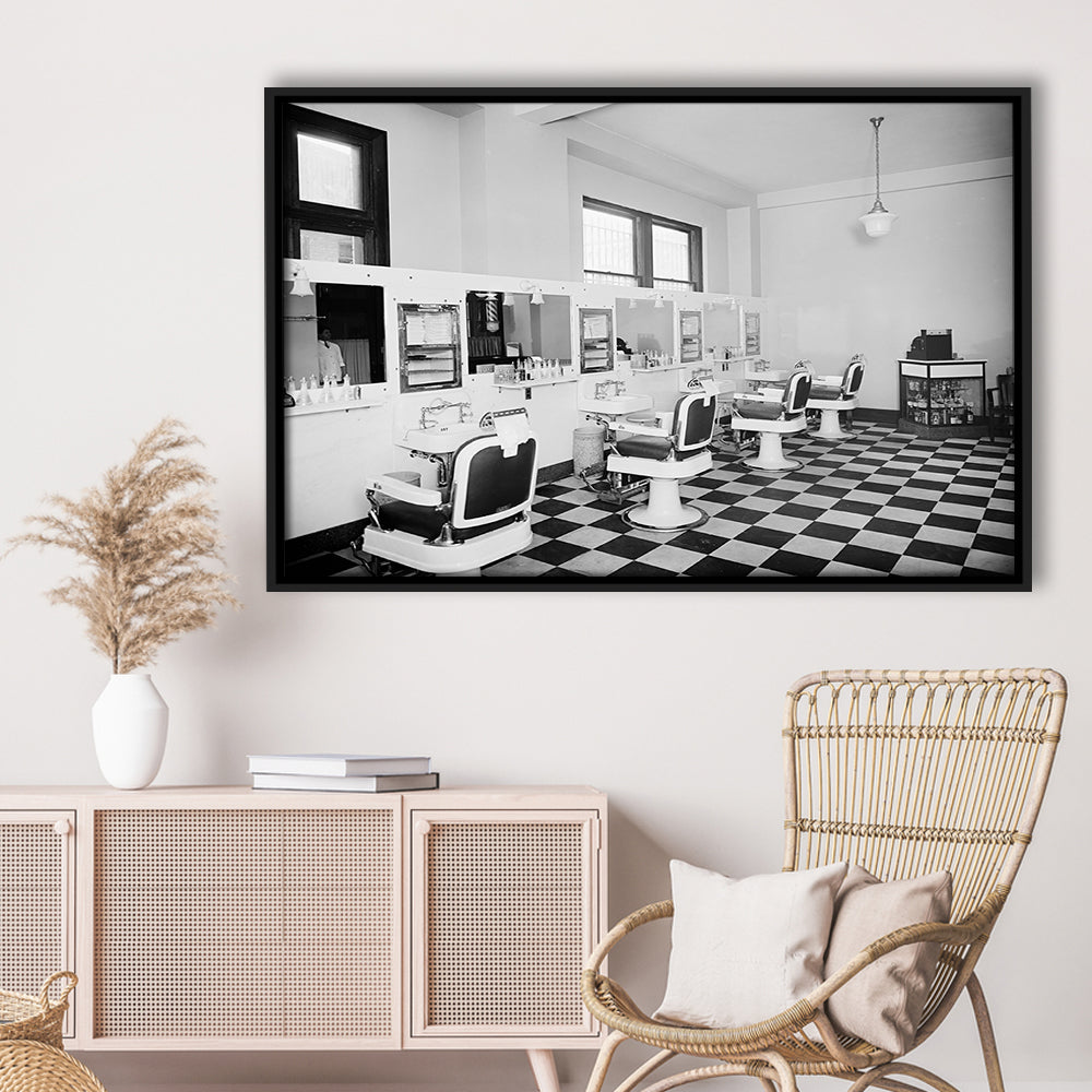 Barbershop & Hair Salon Black and White Art Retro Photography, Floating Framed Canvas Print