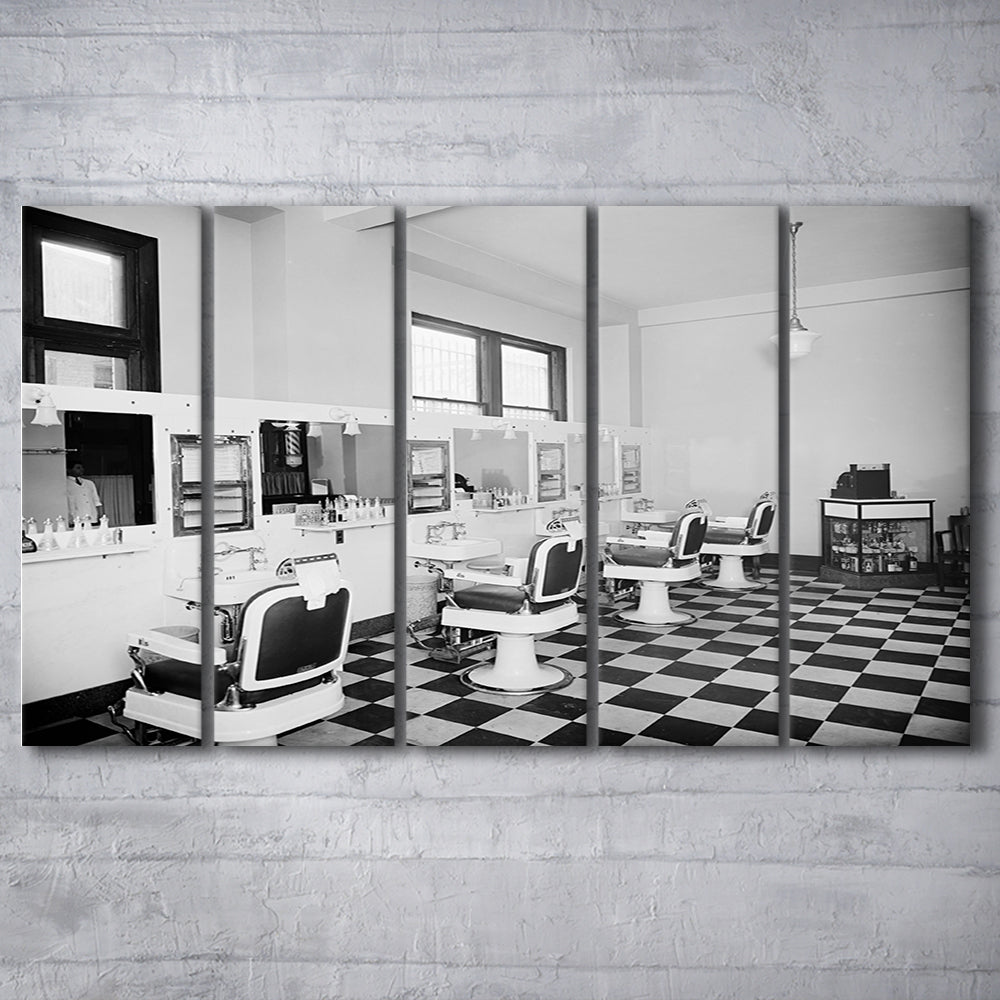 Barbershop & Hair Salon Black and White Art Retro Photography, 5 Pieces Large Canvas Print