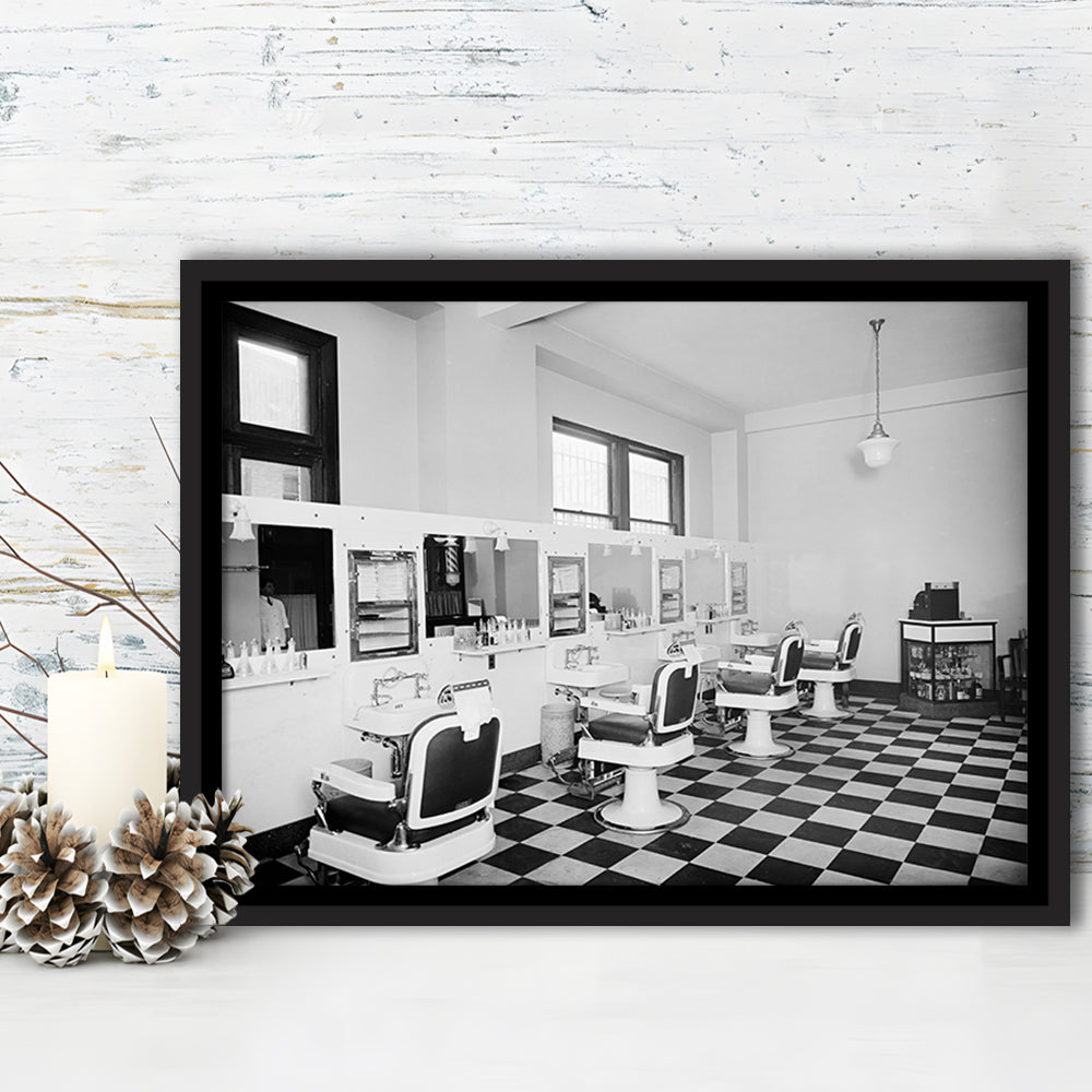 Barbershop & Hair Salon Black and White Art Retro Photography, Floating Framed Canvas Print