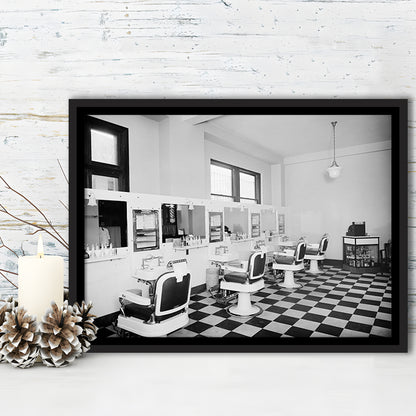 Barbershop & Hair Salon Black and White Art Retro Photography, Floating Framed Canvas Print