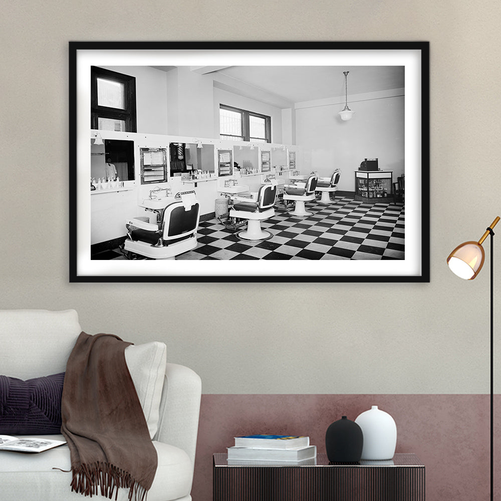 Barbershop & Hair Salon Black and White Art Retro Photography, Framed Art Print White Border Wall Decor
