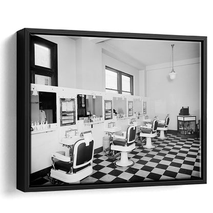 Barbershop & Hair Salon Black and White Art Retro Photography, Floating Framed Canvas Print
