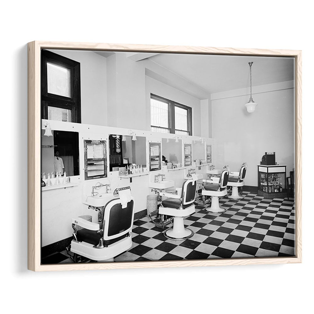 Barbershop & Hair Salon Black and White Art Retro Photography, Floating Framed Canvas Print
