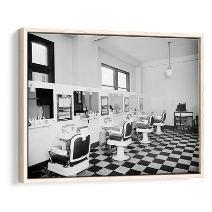 Barbershop & Hair Salon Black and White Art Retro Photography, Floating Framed Canvas Print