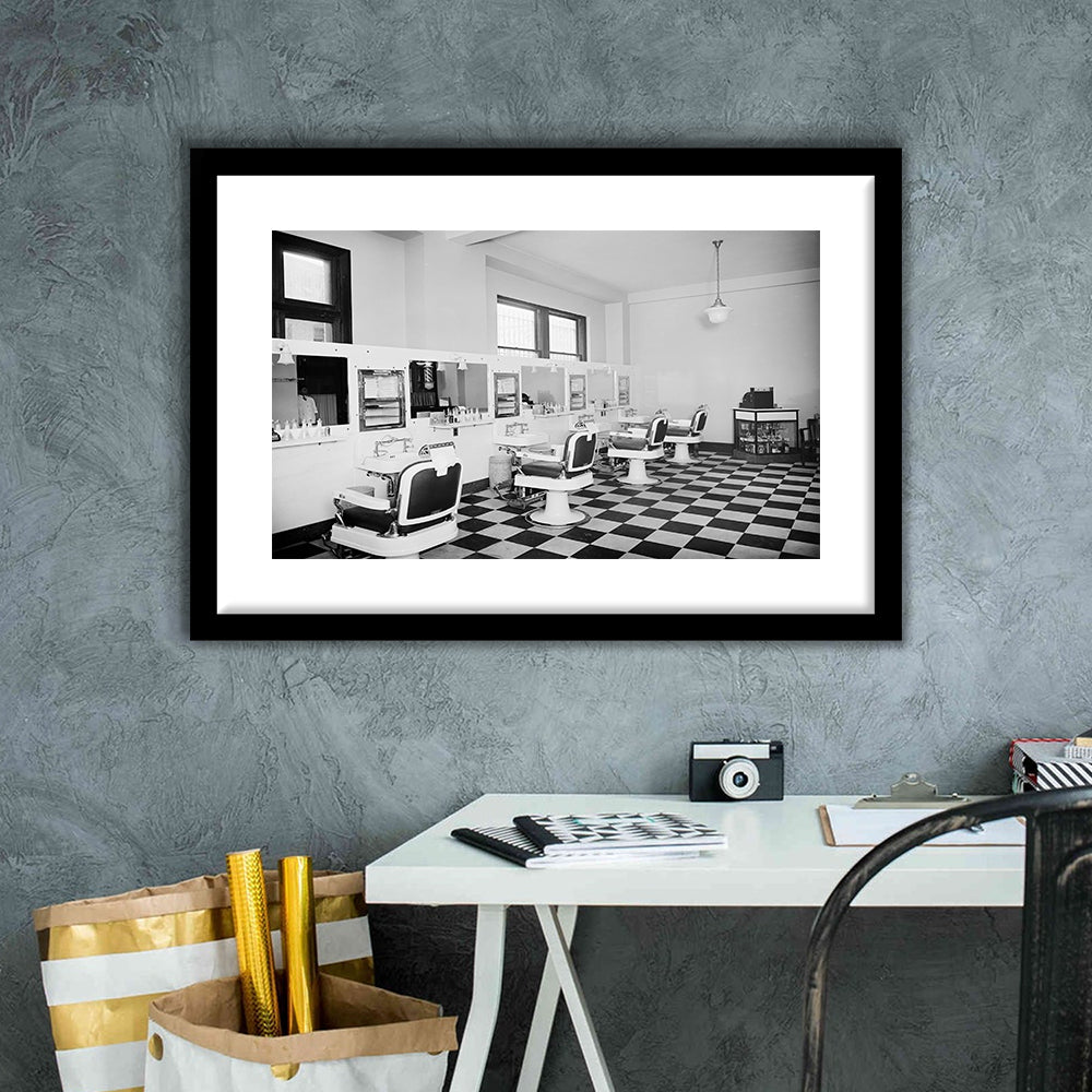 Barbershop & Hair Salon Black and White Art Retro Photography, Framed Art Print White Border Wall Decor