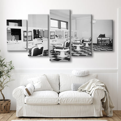 Barbershop & Hair Salon Black and White Art Retro Photography, Mixed 5 Pieces Canvas Print