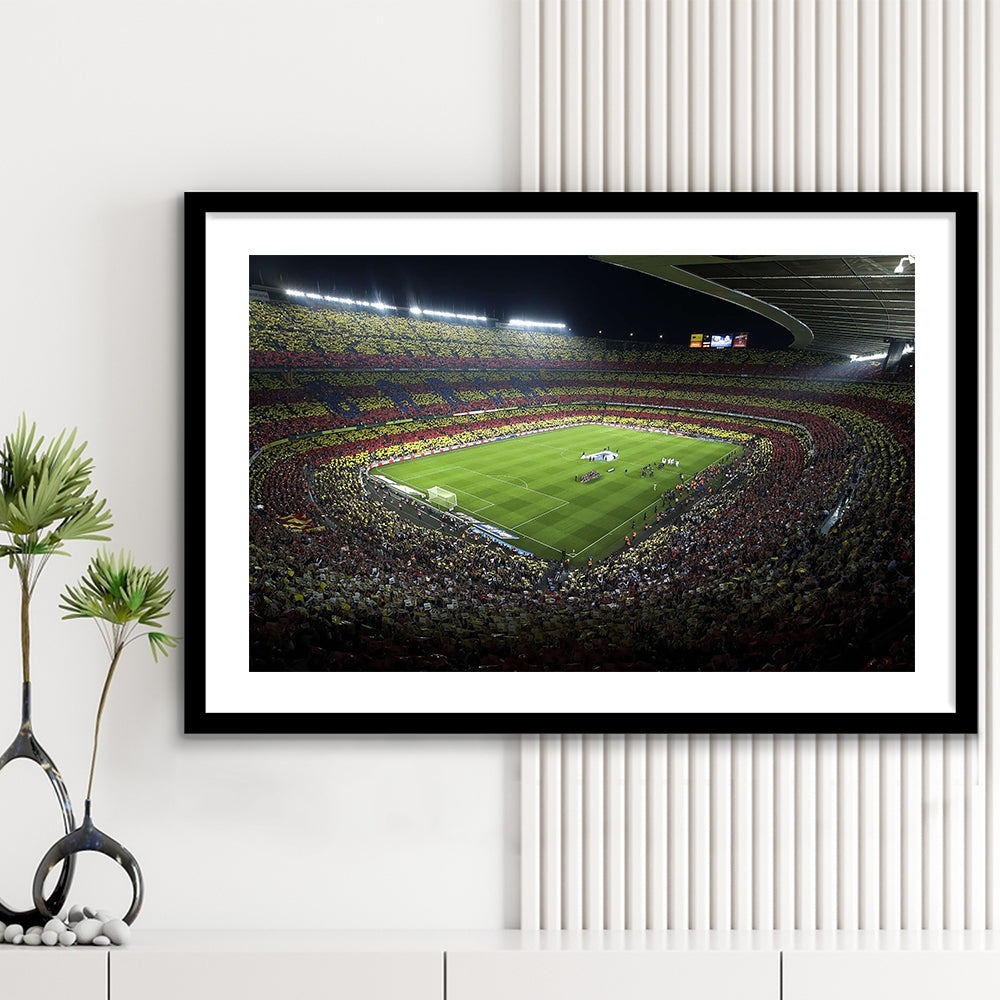 Barcelona Catalonia Football Stadium, Stadium Canvas, Sport Art, Gift for him, White Border Framed Art Print Wall Decor
