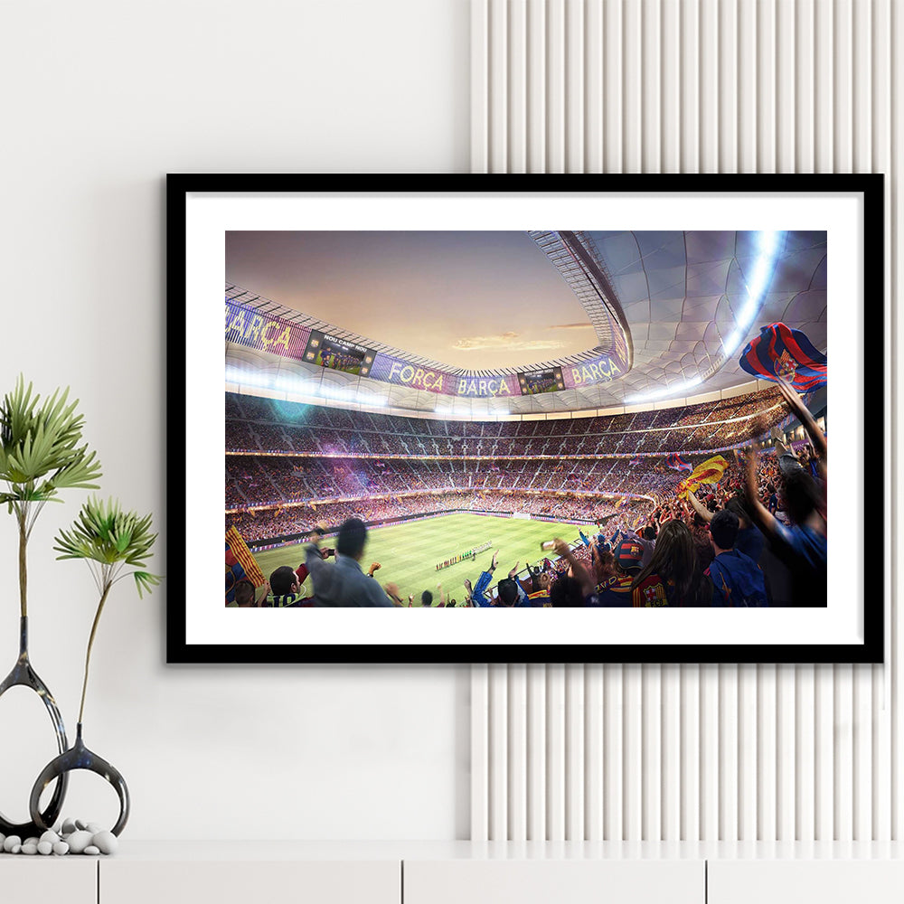 Barcelona Stadium, Stadium Canvas, Sport Art, Gift for him, White Border Framed Art Print Wall Decor