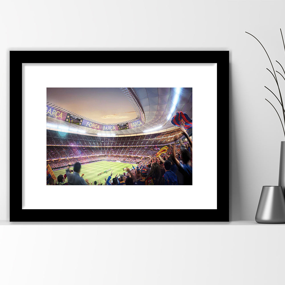 Barcelona Stadium, Stadium Canvas, Sport Art, Gift for him, White Border Framed Art Print Wall Decor