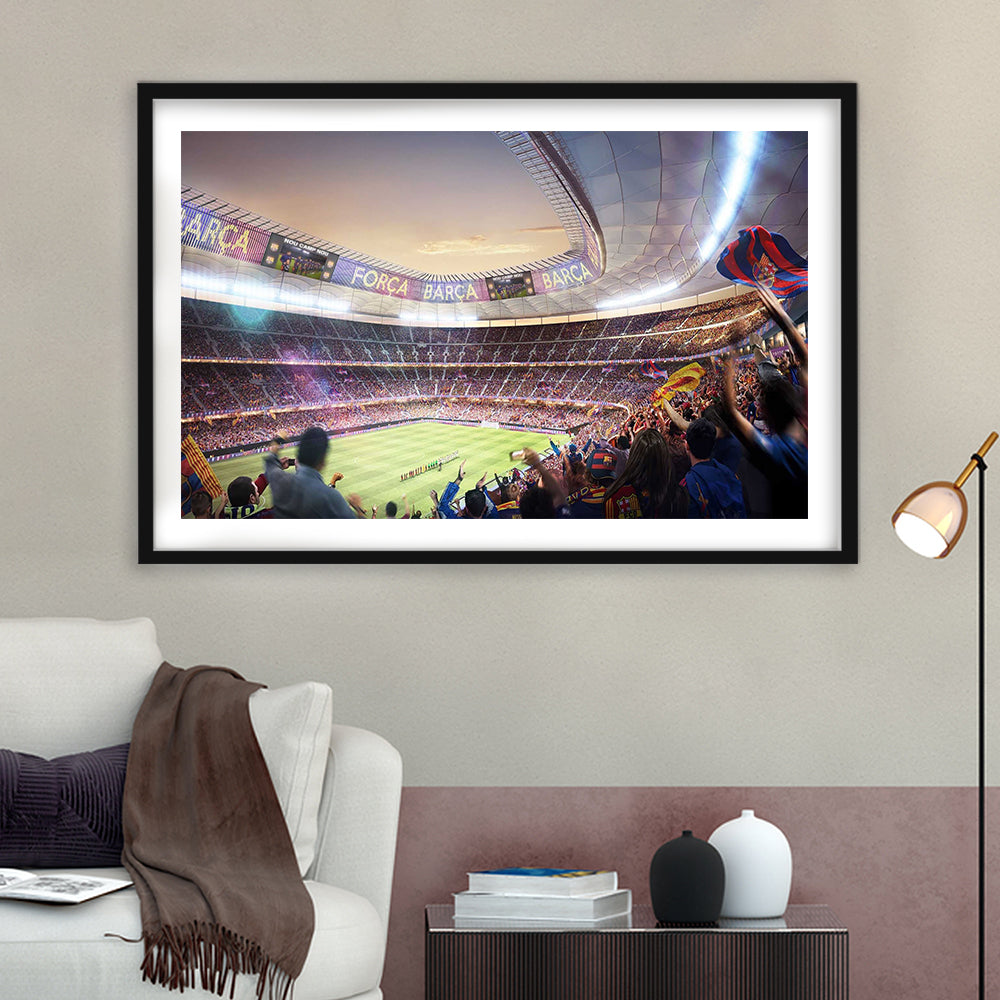 Barcelona Stadium, Stadium Canvas, Sport Art, Gift for him, White Border Framed Art Print Wall Decor