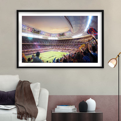 Barcelona Stadium, Stadium Canvas, Sport Art, Gift for him, White Border Framed Art Print Wall Decor