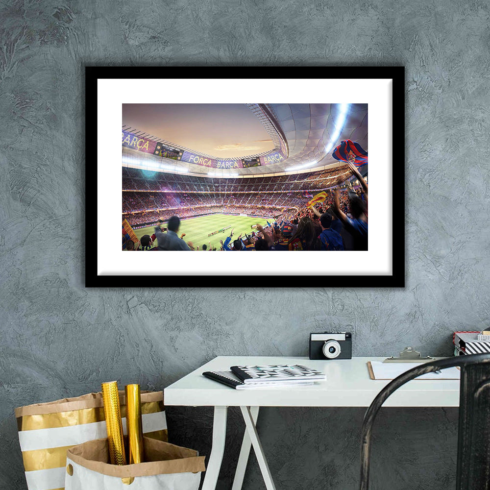 Barcelona Stadium, Stadium Canvas, Sport Art, Gift for him, White Border Framed Art Print Wall Decor