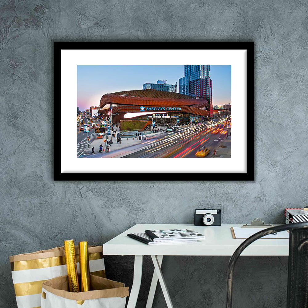 Barclays Center, Stadium Canvas, Sport Art, Gift for him, White Border Framed Art Print Wall Decor