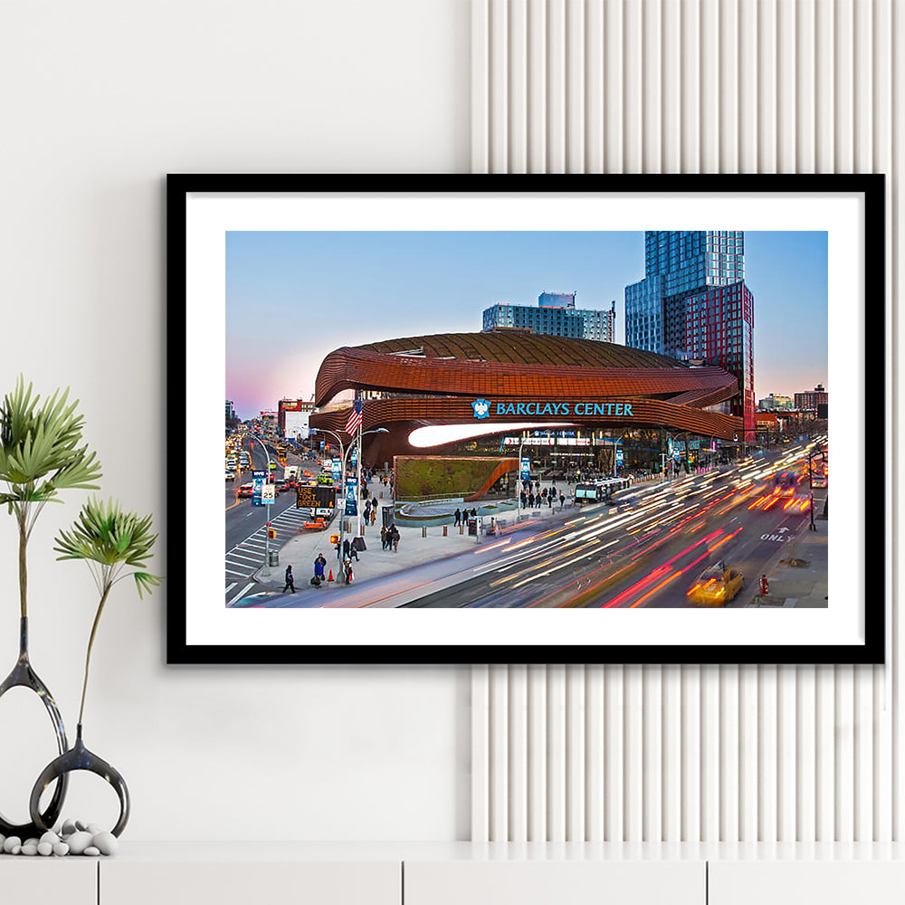 Barclays Center, Stadium Canvas, Sport Art, Gift for him, White Border Framed Art Print Wall Decor