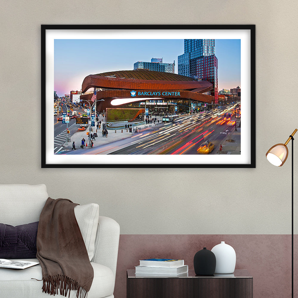 Barclays Center, Stadium Canvas, Sport Art, Gift for him, White Border Framed Art Print Wall Decor
