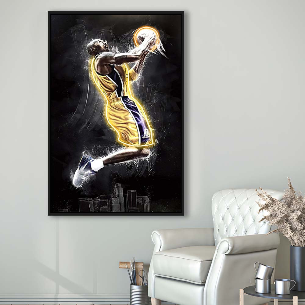 Basketball KB Neon Sign Effect Art, Framed Canvas Print, Floating Frame, Luxury Wall Art Decor