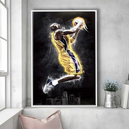 Basketball KB Neon Sign Effect Art, Framed Canvas Print, Floating Frame, Luxury Wall Art Decor