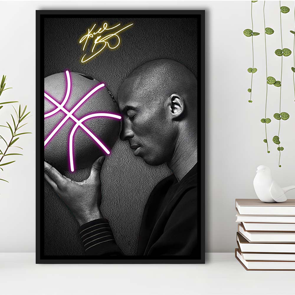 Basketball KB Neon Sign Effect Art V1, Framed Canvas Print, Floating Frame, Luxury Wall Art Decor