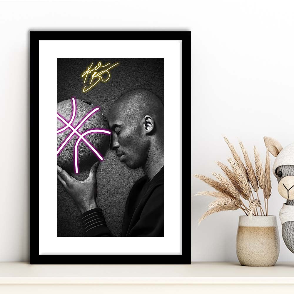 Basketball KB Neon Sign Effect Art V1, Framed Art Print, Luxury Pictures Framed, White Border
