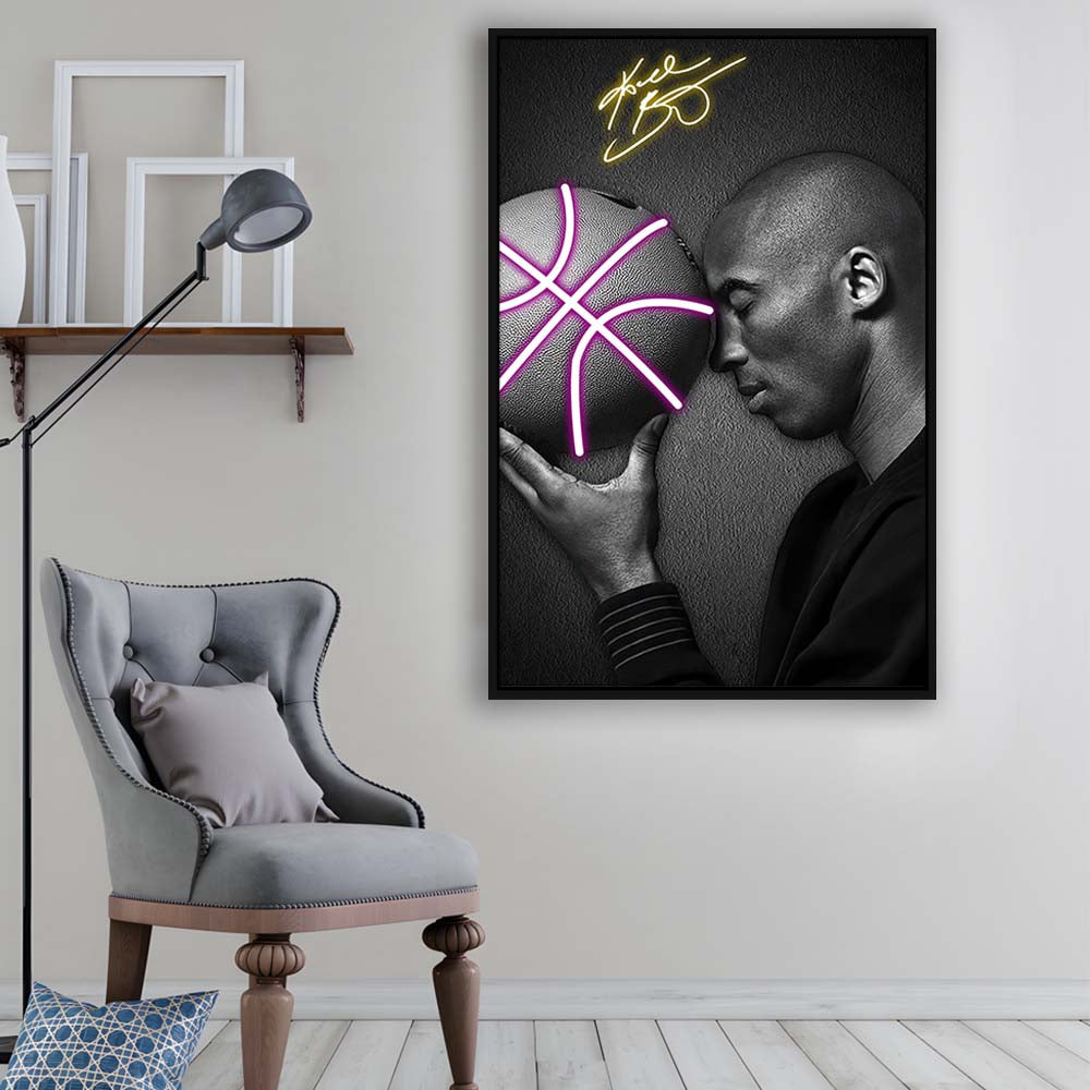 Basketball KB Neon Sign Effect Art V1, Framed Canvas Print, Floating Frame, Luxury Wall Art Decor