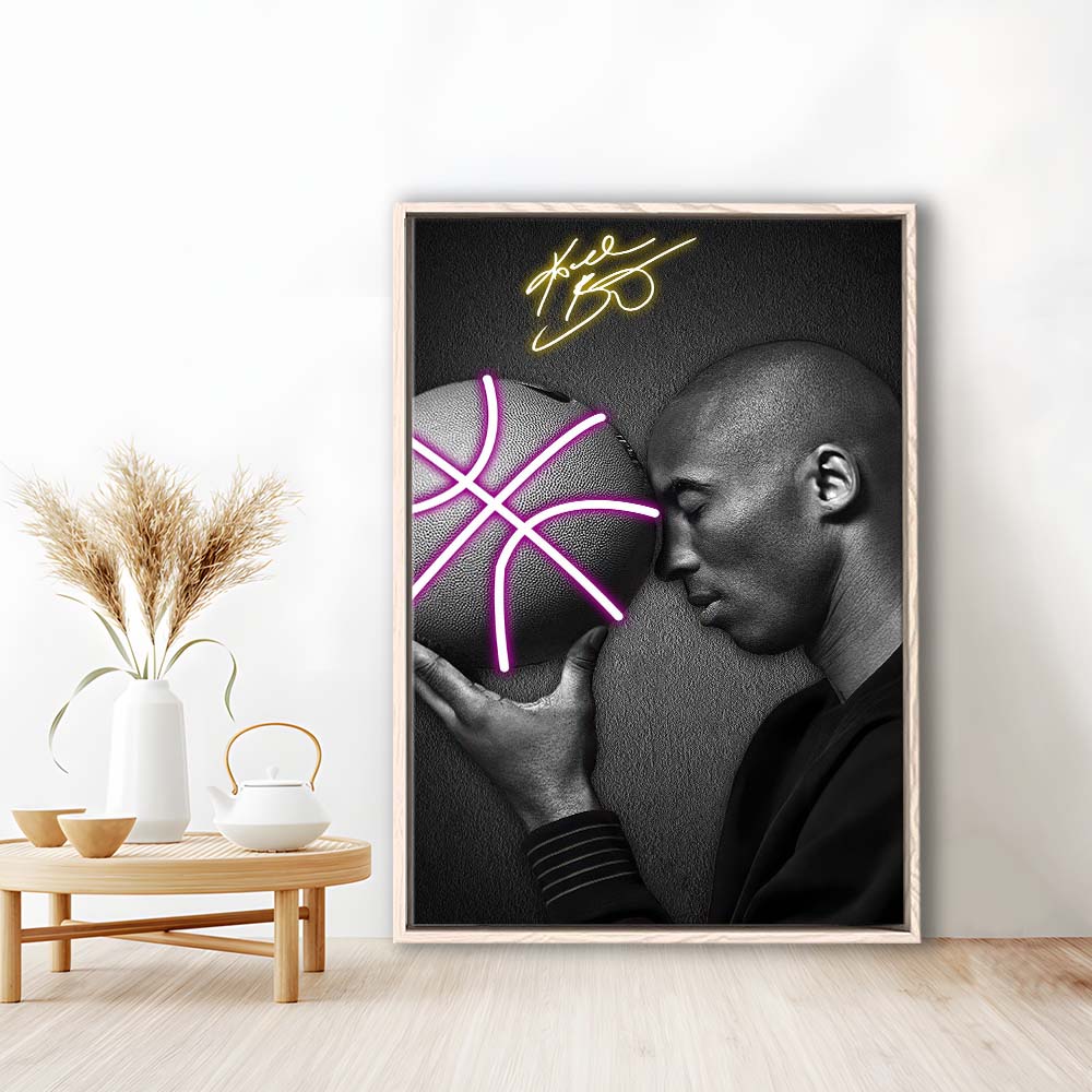 Basketball KB Neon Sign Effect Art V1, Framed Canvas Print, Floating Frame, Luxury Wall Art Decor