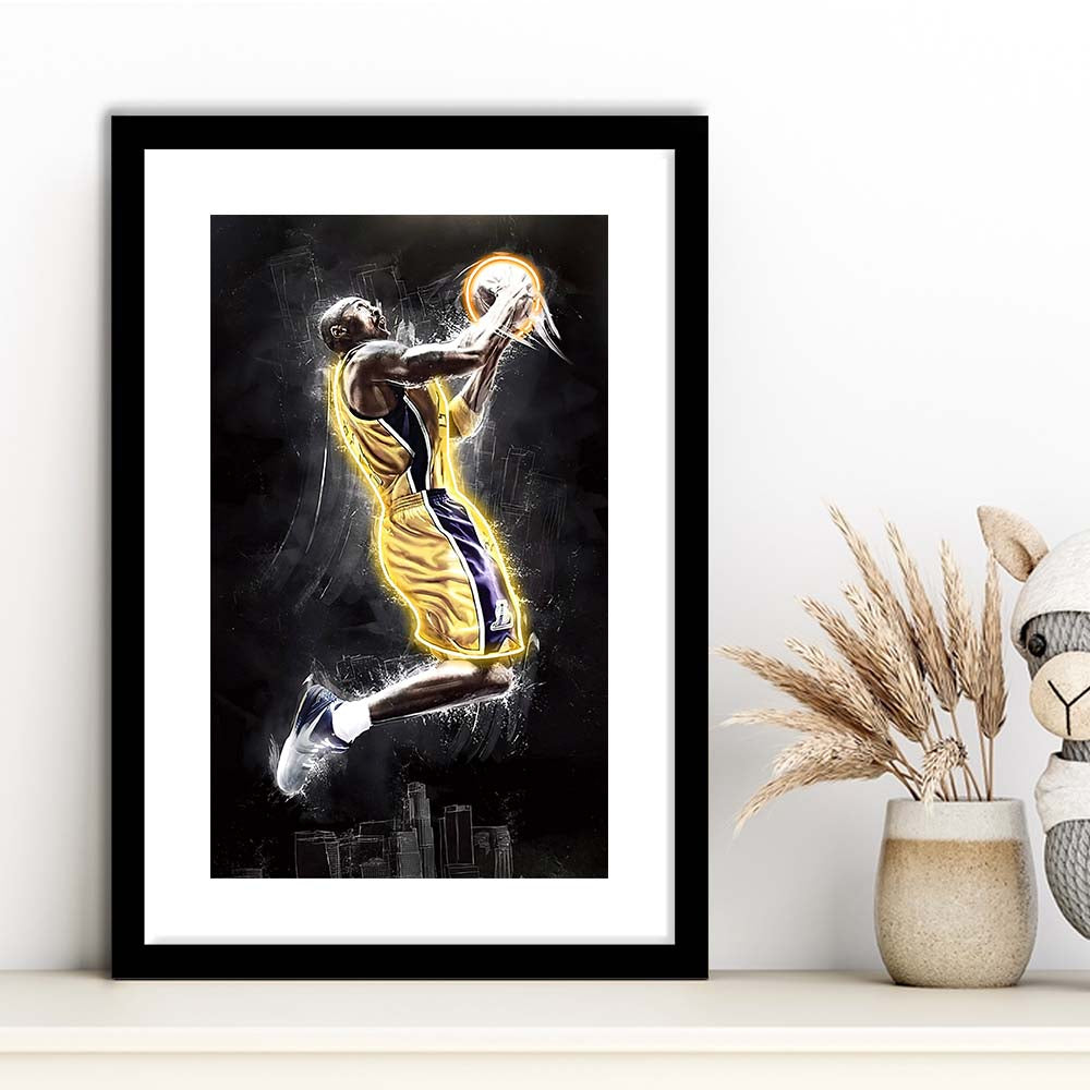 Basketball KB Neon Sign Effect Art, Framed Art Print, Luxury Pictures Framed, White Border