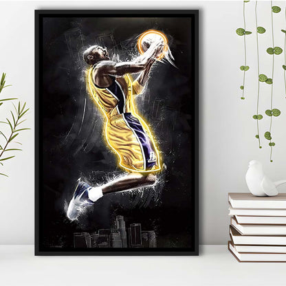 Basketball KB Neon Sign Effect Art, Framed Canvas Print, Floating Frame, Luxury Wall Art Decor