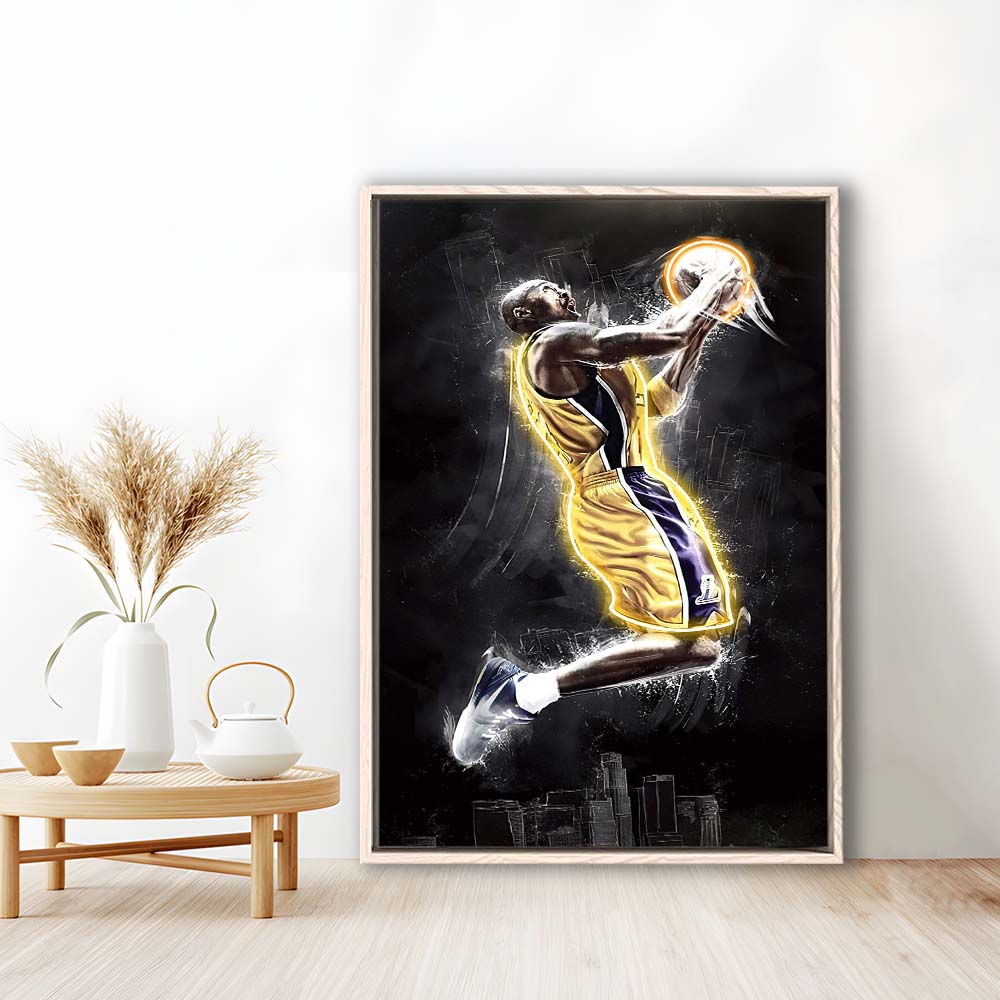 Basketball KB Neon Sign Effect Art, Framed Canvas Print, Floating Frame, Luxury Wall Art Decor