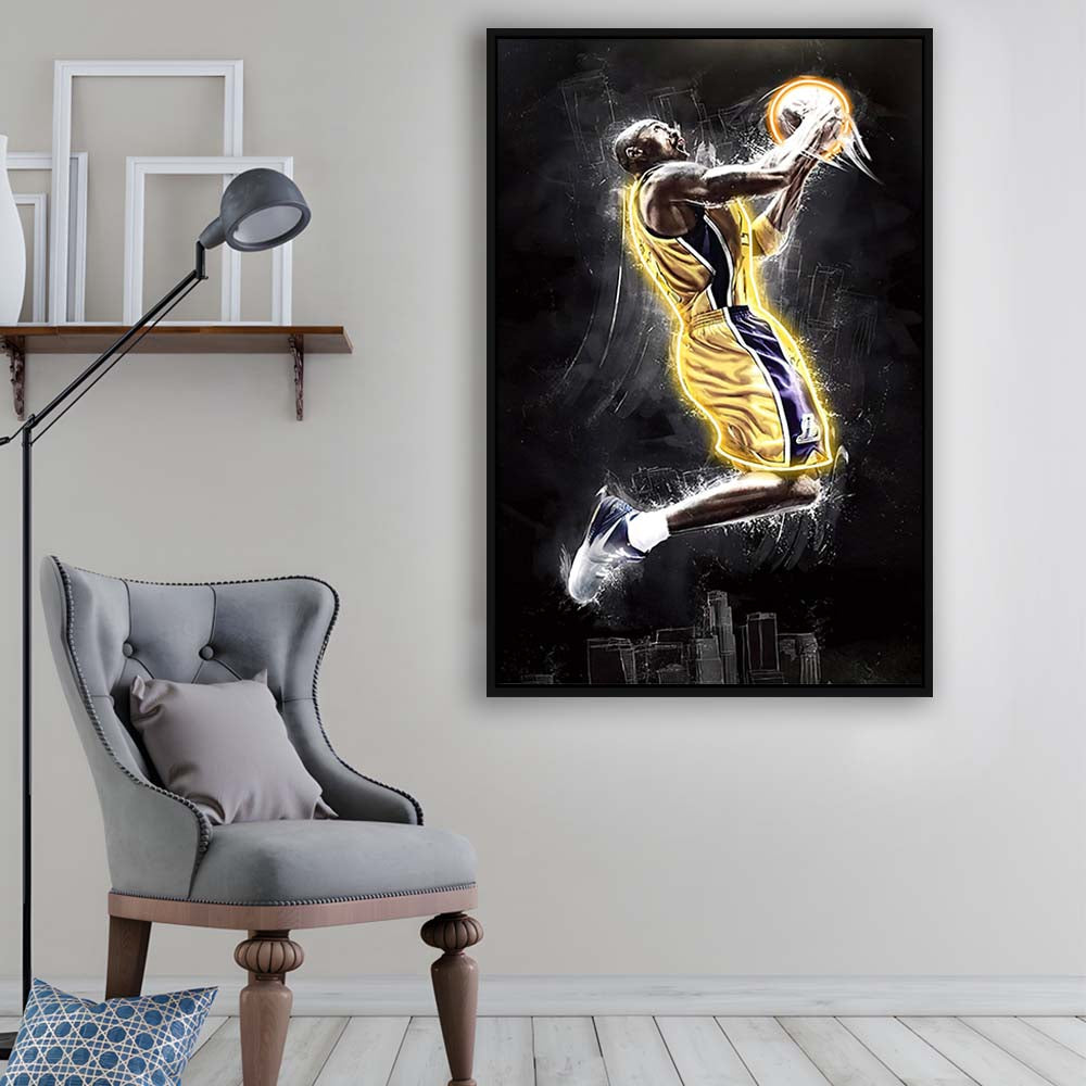 Basketball KB Neon Sign Effect Art, Framed Canvas Print, Floating Frame, Luxury Wall Art Decor
