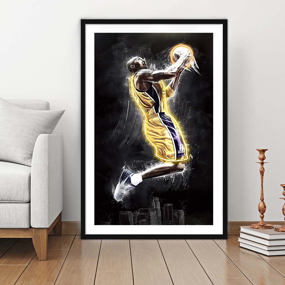Basketball KB Neon Sign Effect Art, Framed Art Print, Luxury Pictures Framed, White Border