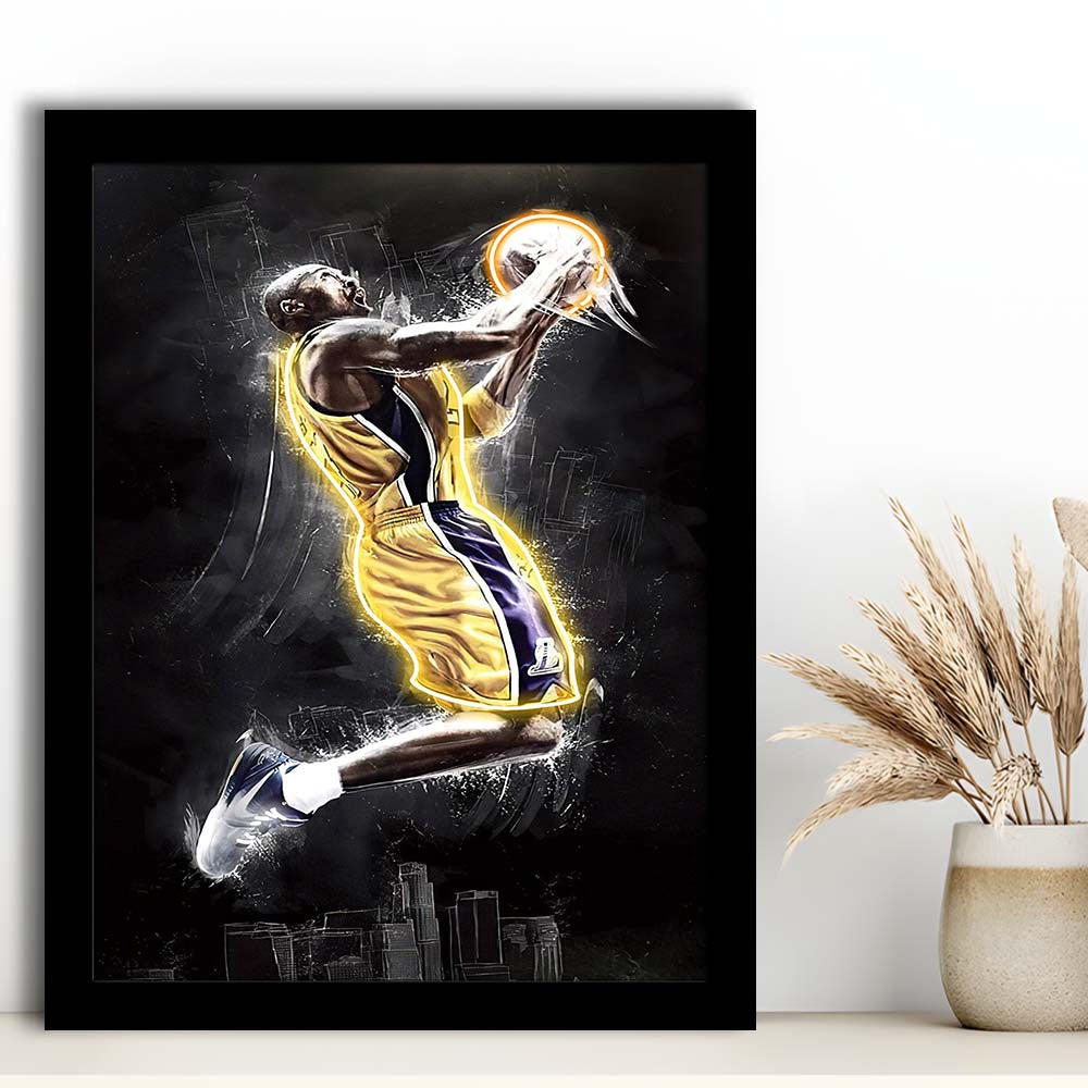 Basketball KB Neon Sign Effect Art, Framed Art Print, Picture Framed Wall Art Decor