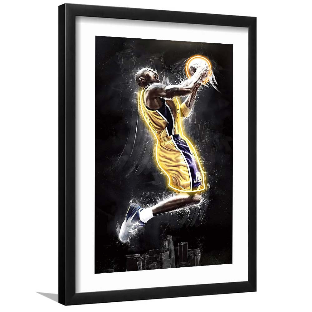 Basketball KB Neon Sign Effect Art, Framed Art Print, Luxury Pictures Framed, White Border