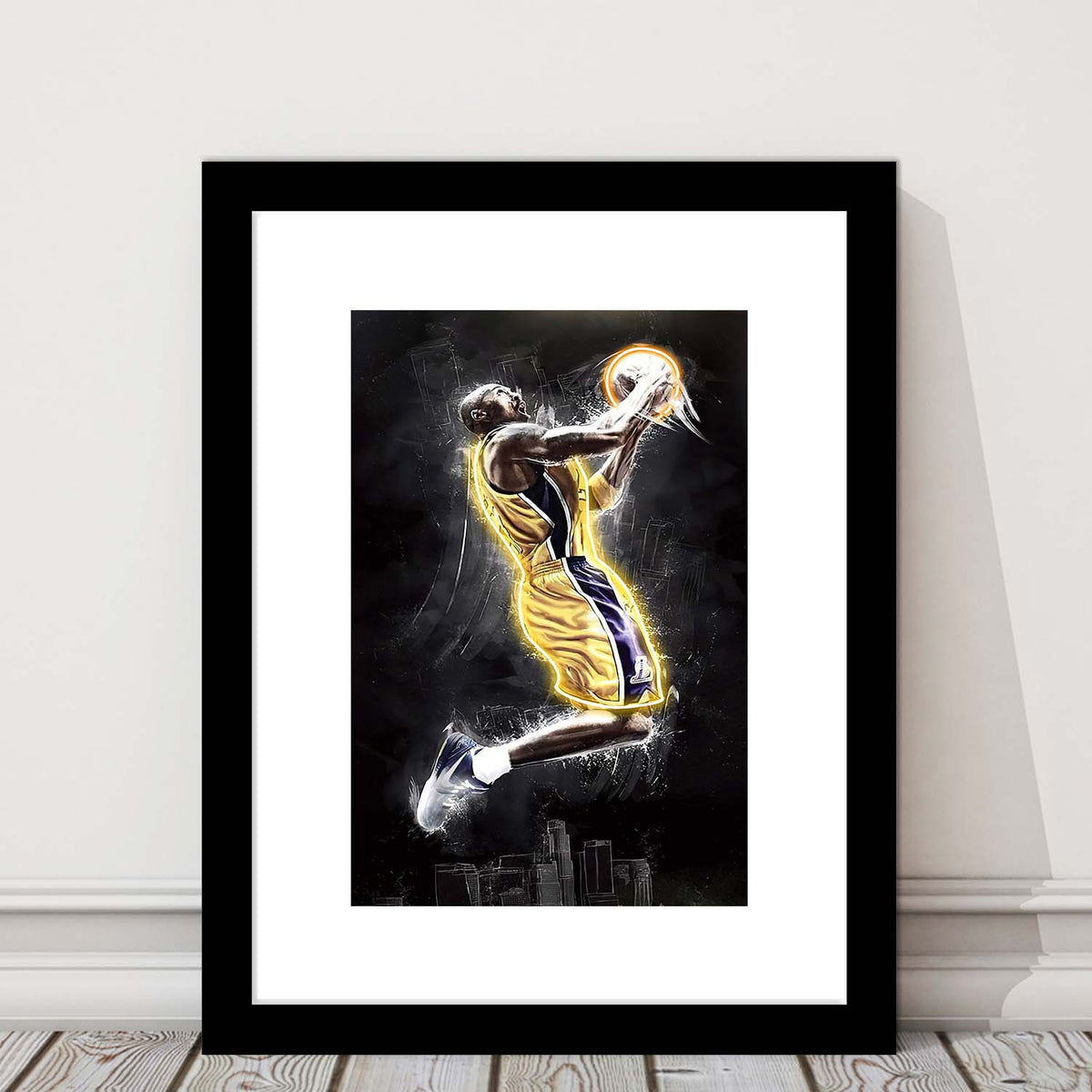 Basketball KB Neon Sign Effect Art, Framed Art Print, Luxury Pictures Framed, White Border