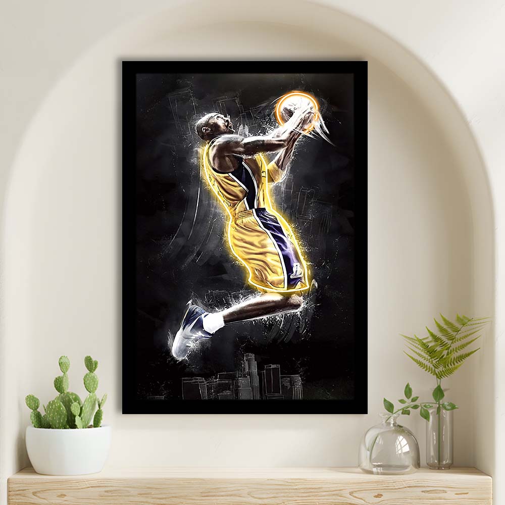 Basketball KB Neon Sign Effect Art, Framed Art Print, Picture Framed Wall Art Decor