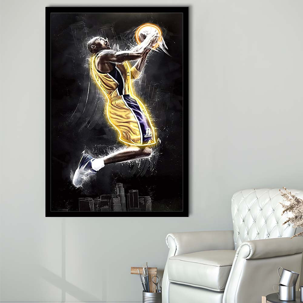 Basketball KB Neon Sign Effect Art, Framed Art Print, Picture Framed Wall Art Decor