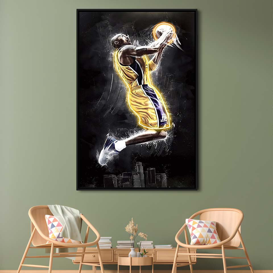 Basketball KB Neon Sign Effect Art, Framed Canvas Print, Floating Frame, Luxury Wall Art Decor