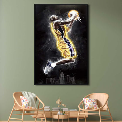 Basketball KB Neon Sign Effect Art, Framed Canvas Print, Floating Frame, Luxury Wall Art Decor