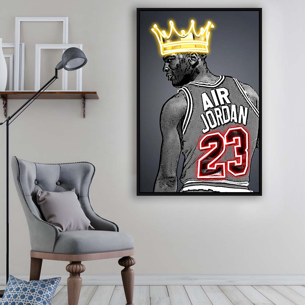 Basketball MJ Air Jordan #23 Neon Sign Effect Art, Framed Canvas Print, Floating Frame, Luxury Wall Art Decor
