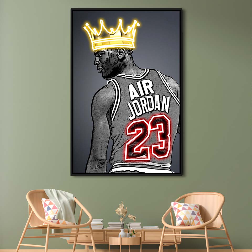 Basketball MJ Air Jordan #23 Neon Sign Effect Art, Framed Canvas Print, Floating Frame, Luxury Wall Art Decor