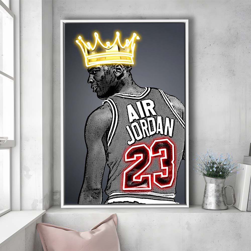 Basketball MJ Air Jordan #23 Neon Sign Effect Art, Framed Canvas Print, Floating Frame, Luxury Wall Art Decor