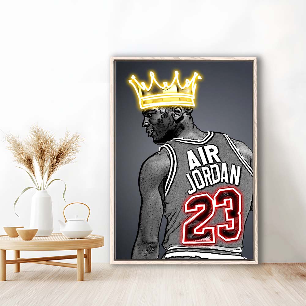 Basketball MJ Air Jordan #23 Neon Sign Effect Art, Framed Canvas Print, Floating Frame, Luxury Wall Art Decor