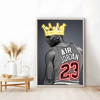 Basketball MJ Air Jordan #23 Neon Sign Effect Art, Framed Canvas Print, Floating Frame, Luxury Wall Art Decor