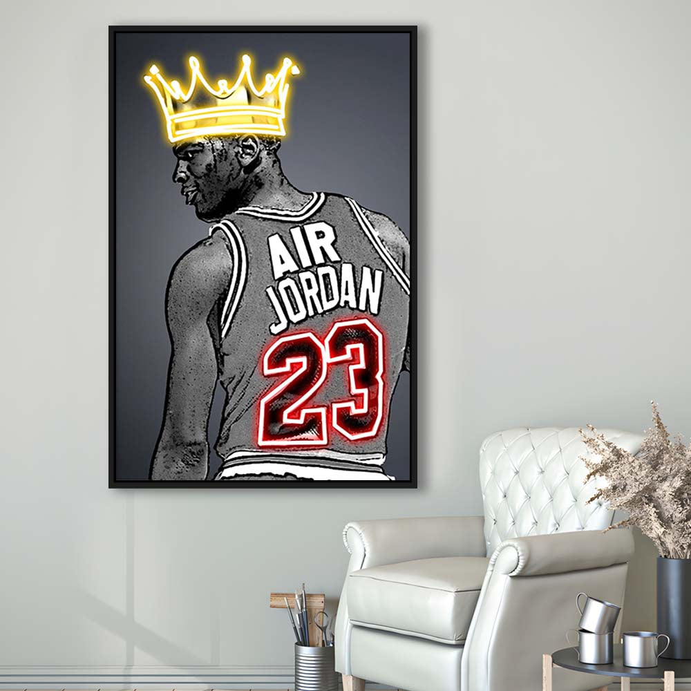 Basketball MJ Air Jordan #23 Neon Sign Effect Art, Framed Canvas Print, Floating Frame, Luxury Wall Art Decor