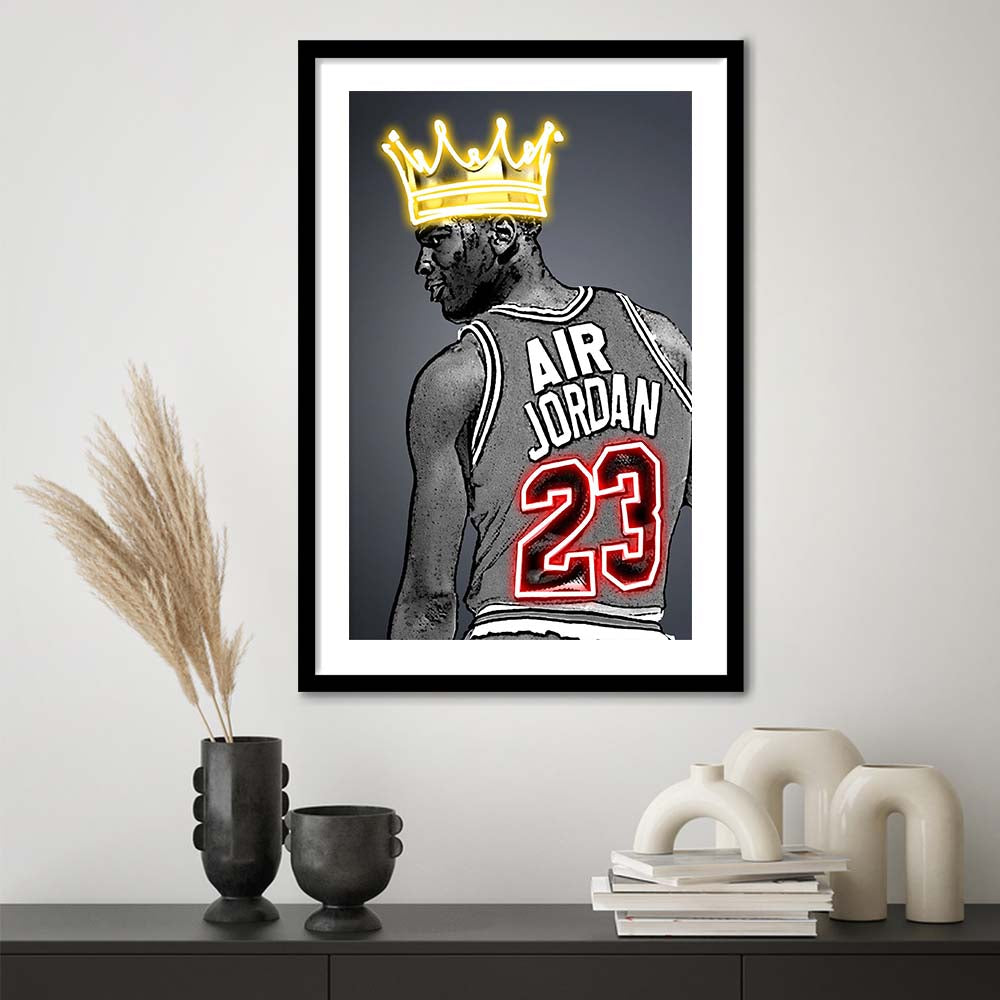Basketball MJ Air Jordan #23 Neon Sign Effect Art, Framed Art Print, Luxury Pictures Framed, White Border